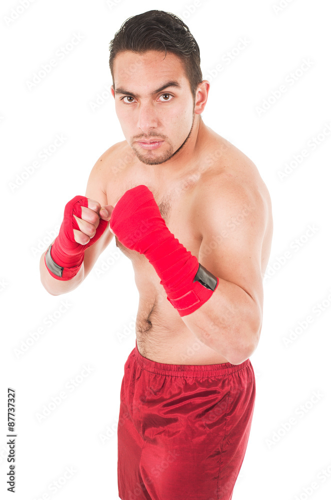 martial arts fighter wearing red shorts and wristband martial arts fighter wearing red shorts and wristband