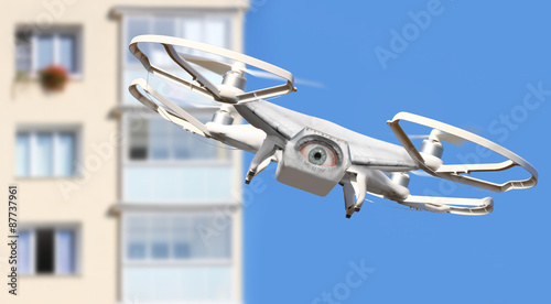 Spying eye over your city. Drone is new tool for aerial photo and video. Digital artwork fictional vehicles on UAV theme.