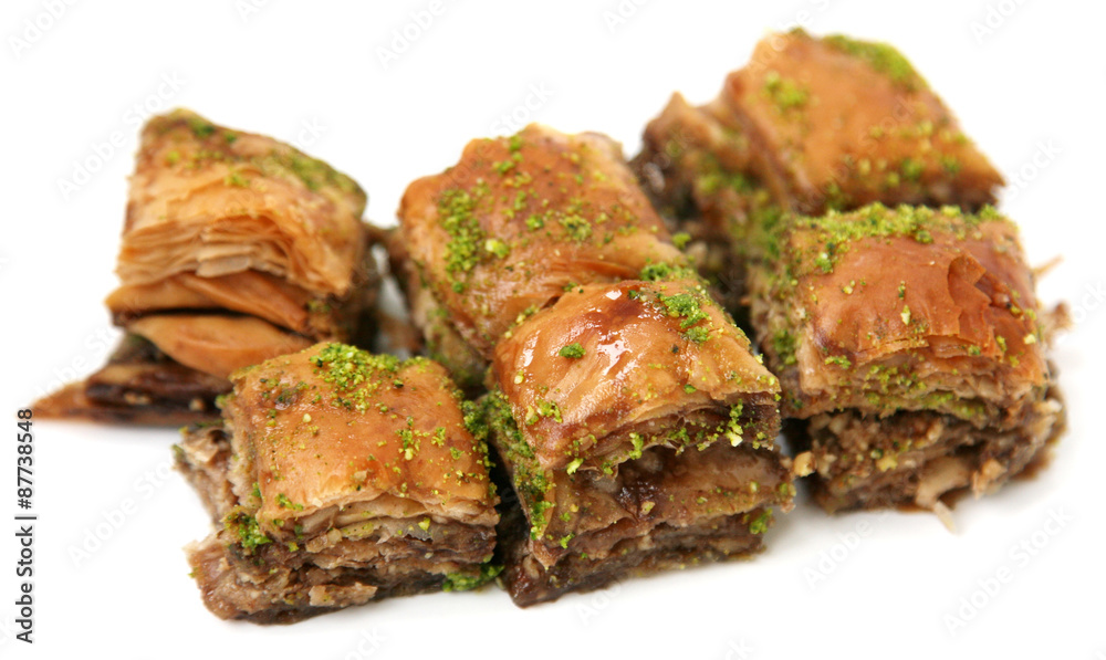 Turkish pakhlava with chocolate isolated on white Turkish pakhlava with chocolate isolated on white