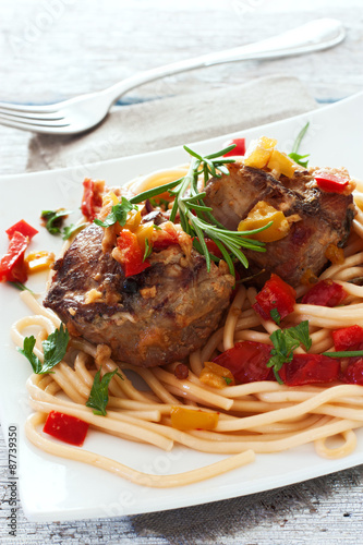 Stewed beef with pasta and vegetables