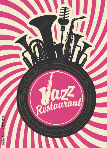 Canvas Print banner for jazz restaurant with wind instruments and vinyl record