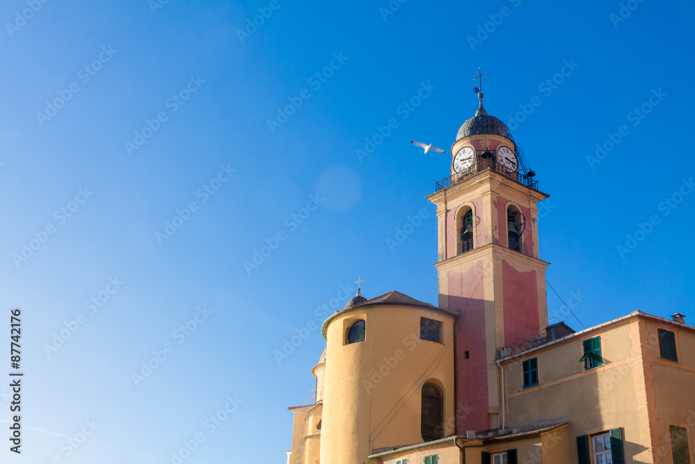 Church on the beach with a flying seagul