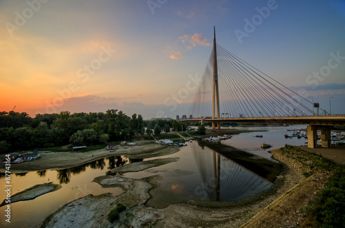 Ada bridge over the Ada Ciganlija lake in Belgrade, Serbia,at sunset