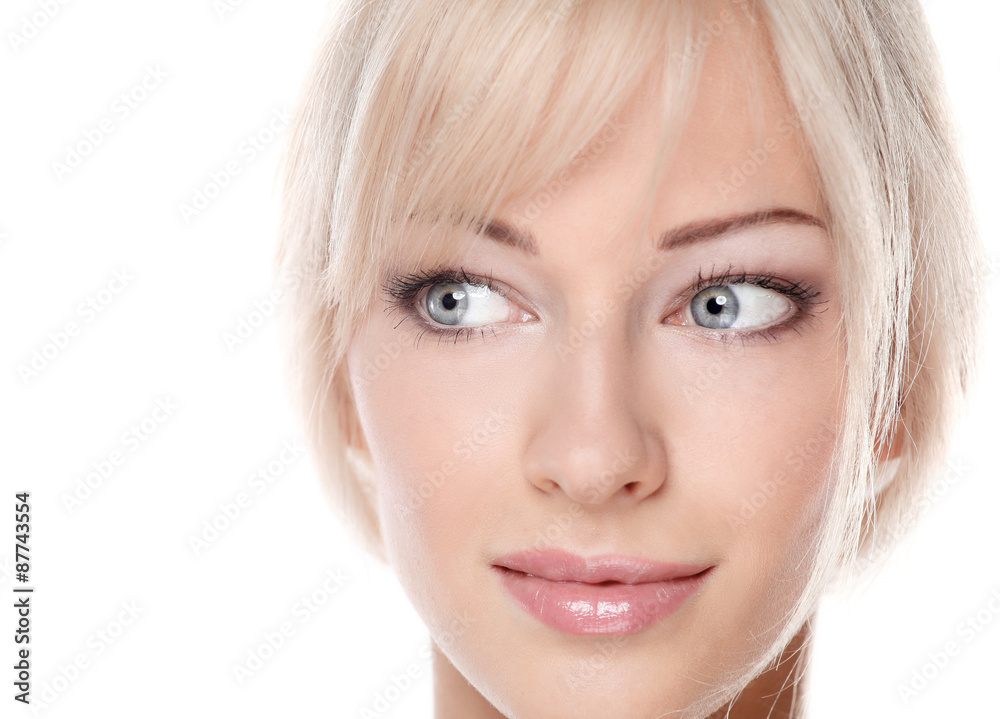 Close up portrait of beautiful young woman face. Isolated on Close up portrait of beautiful young woman face. Isolated on