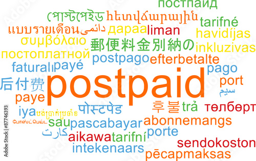 Postpaid multilanguage wordcloud background concept photo