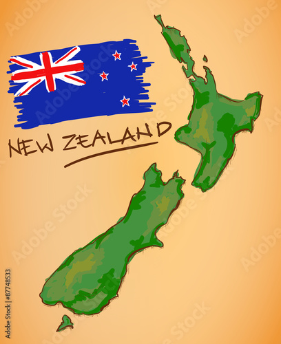 Fotografia, Obraz New Zealand Map and National Flag Vector
