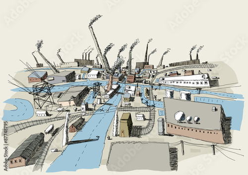 Illustration of an industrial district with roads, factories and power plants, smokestacks, rail and power lines.