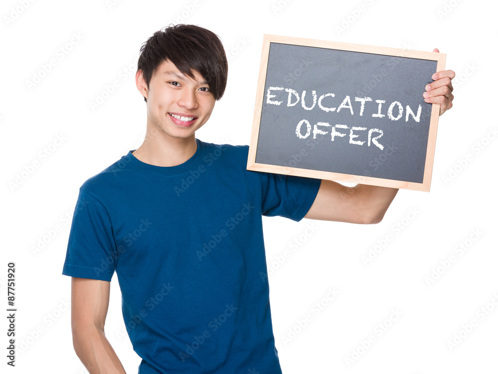 Asian man hold with blackboard and showing education offer Asian man hold with blackboard and showing education offer