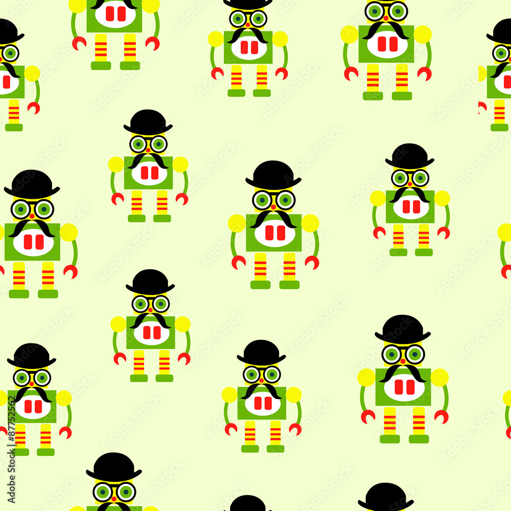Seamless pattern of colorful cute robots on green background Seamless pattern of colorful cute robots on green background