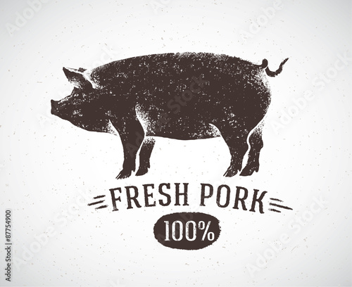 Graphic pig and labeled: "Fresh pig". Vector illustration, drawn by hand.