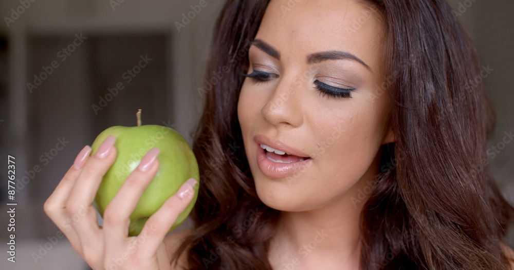 Smiling Pretty Woman Holding Fresh Green Apple Smiling Pretty Woman Holding Fresh Green Apple