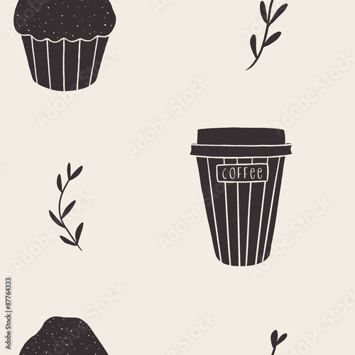Repeating pattern with muffins and coffee in neutral colors. Seamless doodle background. Perfect for kitchen and cafe packaging, fabrics, napkins