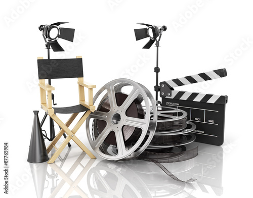 Video, movie, cinema concept. Light, film strip, reels, clapperb