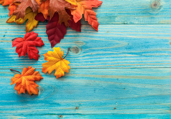 Autumn background with colorful leaves on wooden background