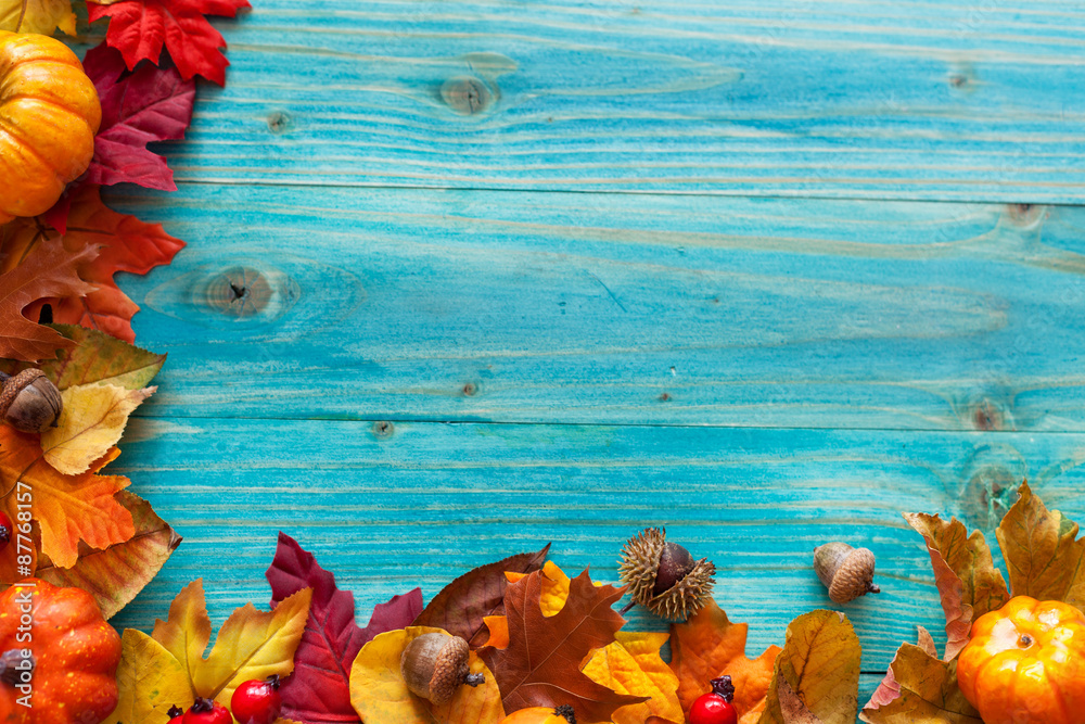 Autumn background with colorful leaves and pumpkins - obrazy, fototapety, plakaty 