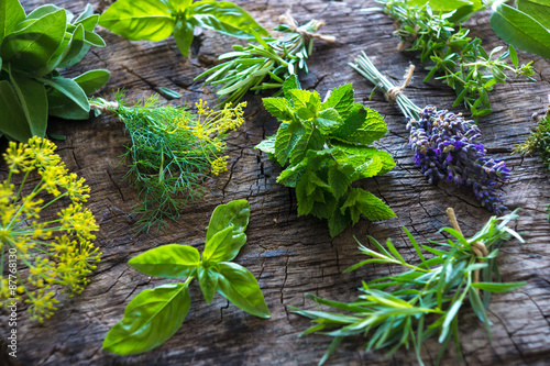 Fotografija Fresh herbs on wooden background