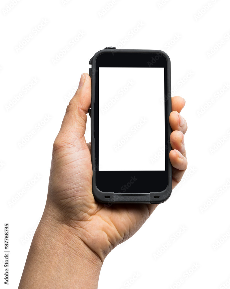 Hand holding Smartphone with blank screen isolated on white Hand holding Smartphone with blank screen isolated on white