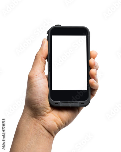 Hand holding Smartphone with blank screen isolated on white