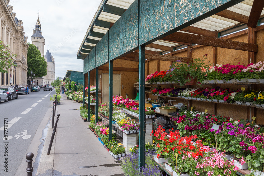 Flower stall along Seine river in Paris