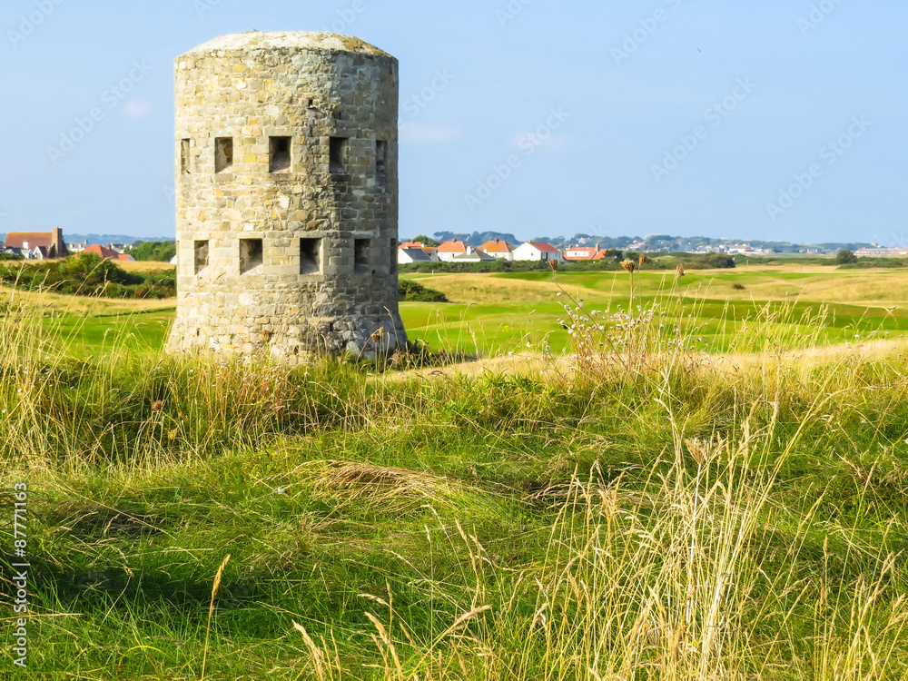 Ancient  watchtower on the Guernsey island. Bailiwick of Guernsey, Channel Islands
