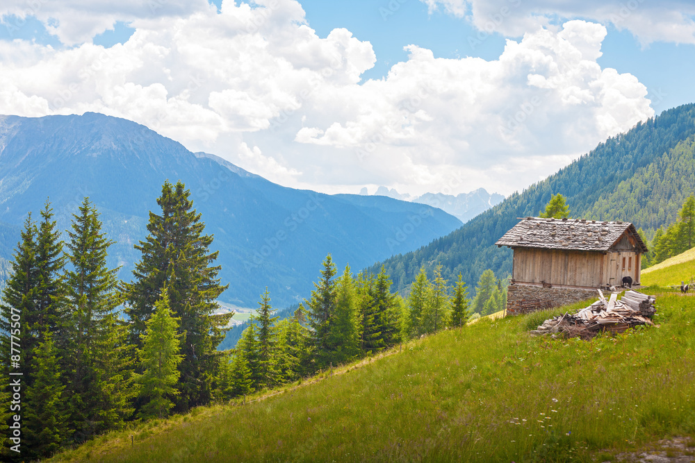 Small wooden hut in the Dolomites