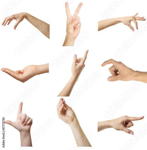 Collage of hands showing different gestures, isolated on white