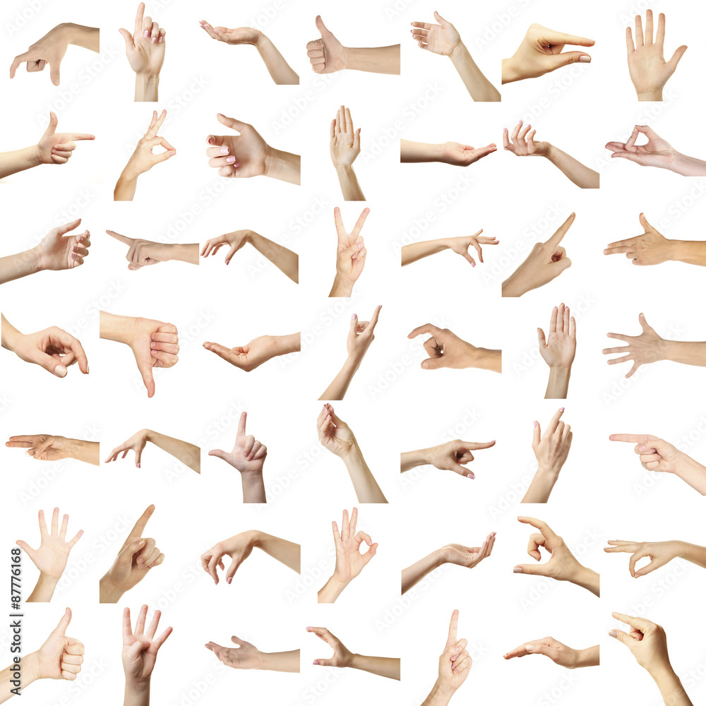 Collage of hands showing different gestures, isolated on white Collage of hands showing different gestures, isolated on white