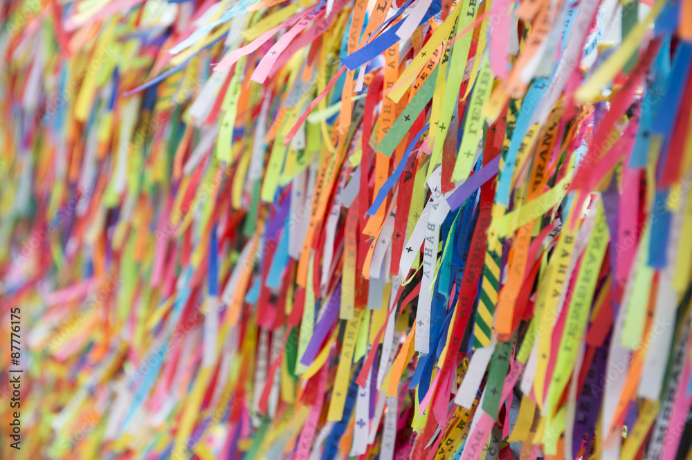 Wall of Fita do Bonfim Brazilian wish ribbons from the famous Igreja Nosso Senhor do Bonfim da Bahia church in Salvador Bahia Brazil Wall of Fita do Bonfim Brazilian wish ribbons from the famous Igreja Nosso Senhor do Bonfim da Bahia church in Salvador Bahia Brazil