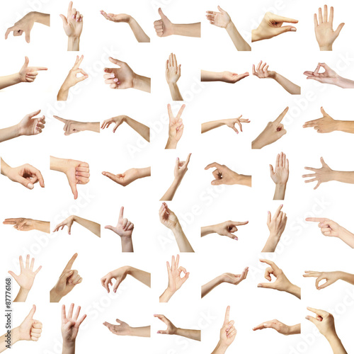 Collage of  hands showing different gestures  isolated on white