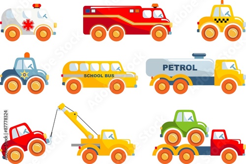 Set of toys transportation in a flat style.