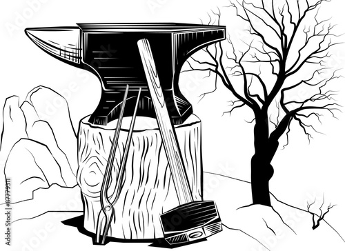 Illustration with a sledge hammer and an anvil on a tree stump photo