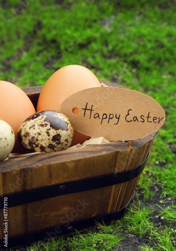 Bird eggs in wooden bucket on green grass background