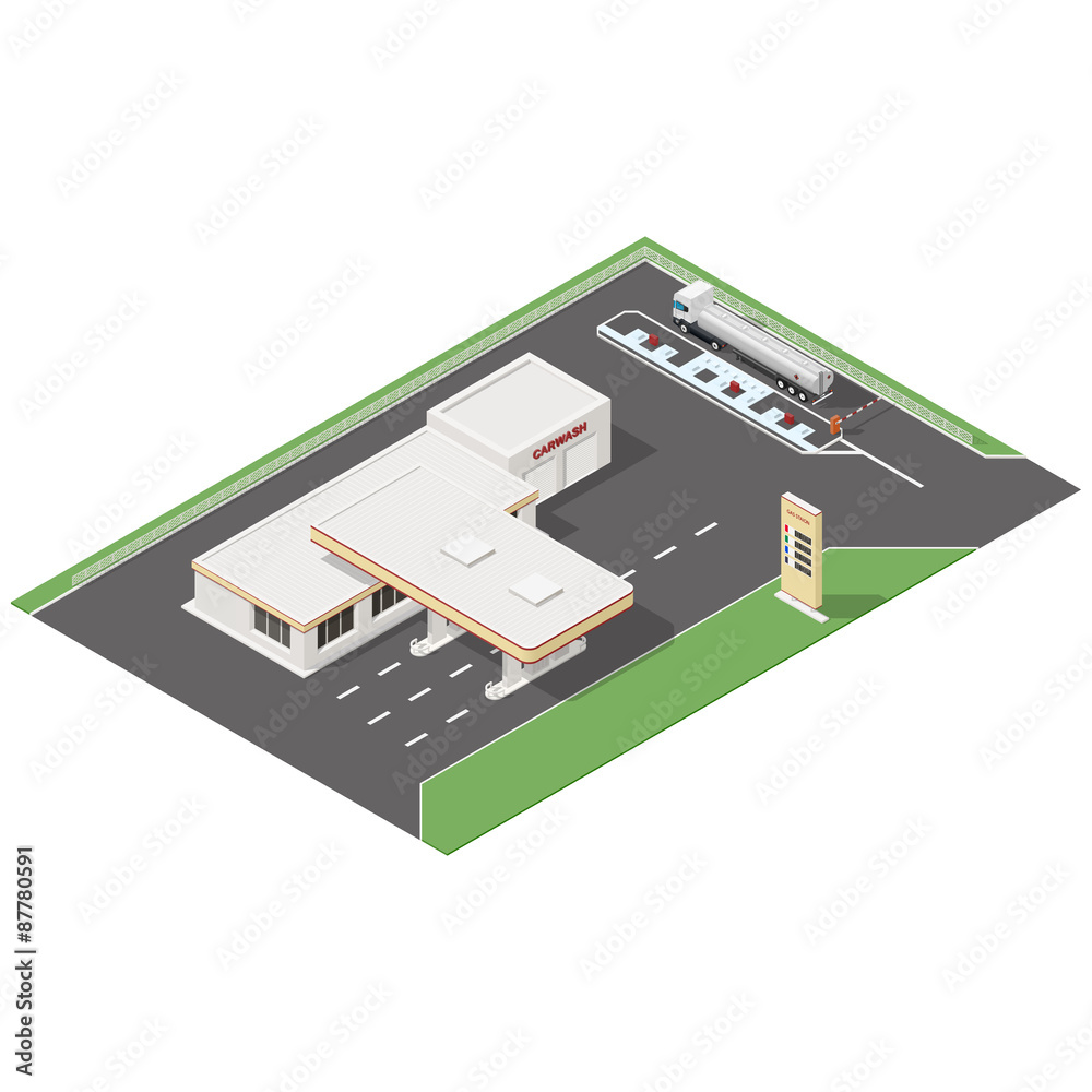 Gas station and car wash service isometric icons set Gas station and car wash service isometric icons set