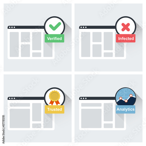 Website trust symbols - trusted, verified, infected and analytics