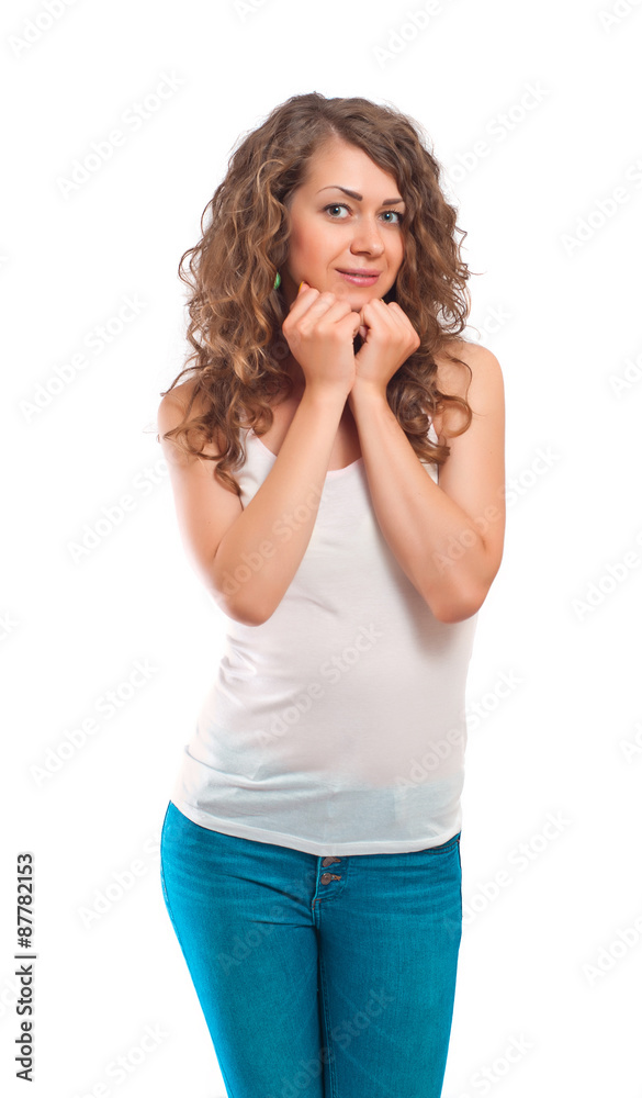 Fototapeta premium Beautiful curly young woman on white background