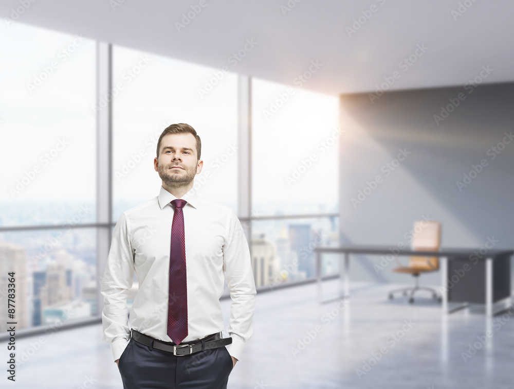 Confident businessman with hands in pockets. Modern panoramic office with huge windows. New York view.. Confident businessman with hands in pockets. Modern panoramic office with huge windows. New York view..