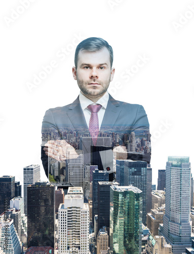 Close up of the transparent businessman and New York panoramic view. White background.