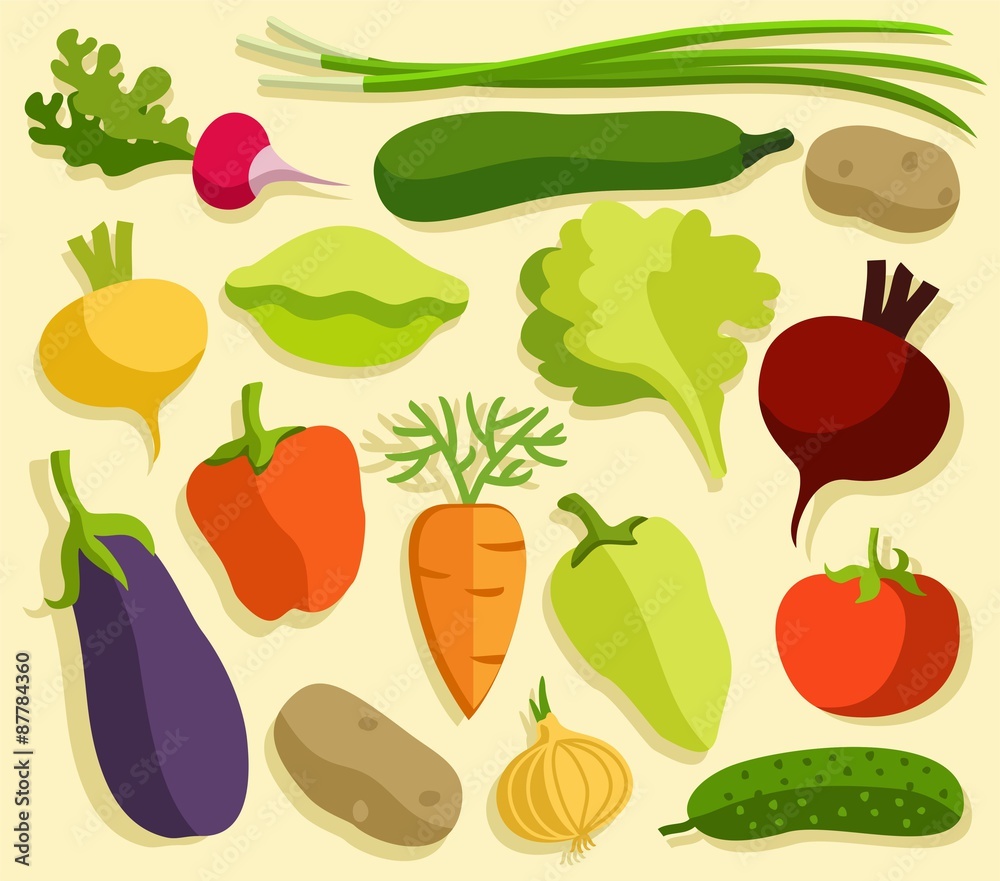 Fototapeta premium Vegetables, colored, flat. 