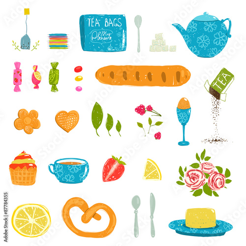 Tea Drinking Party Pastry and Crockery Set Drawing
