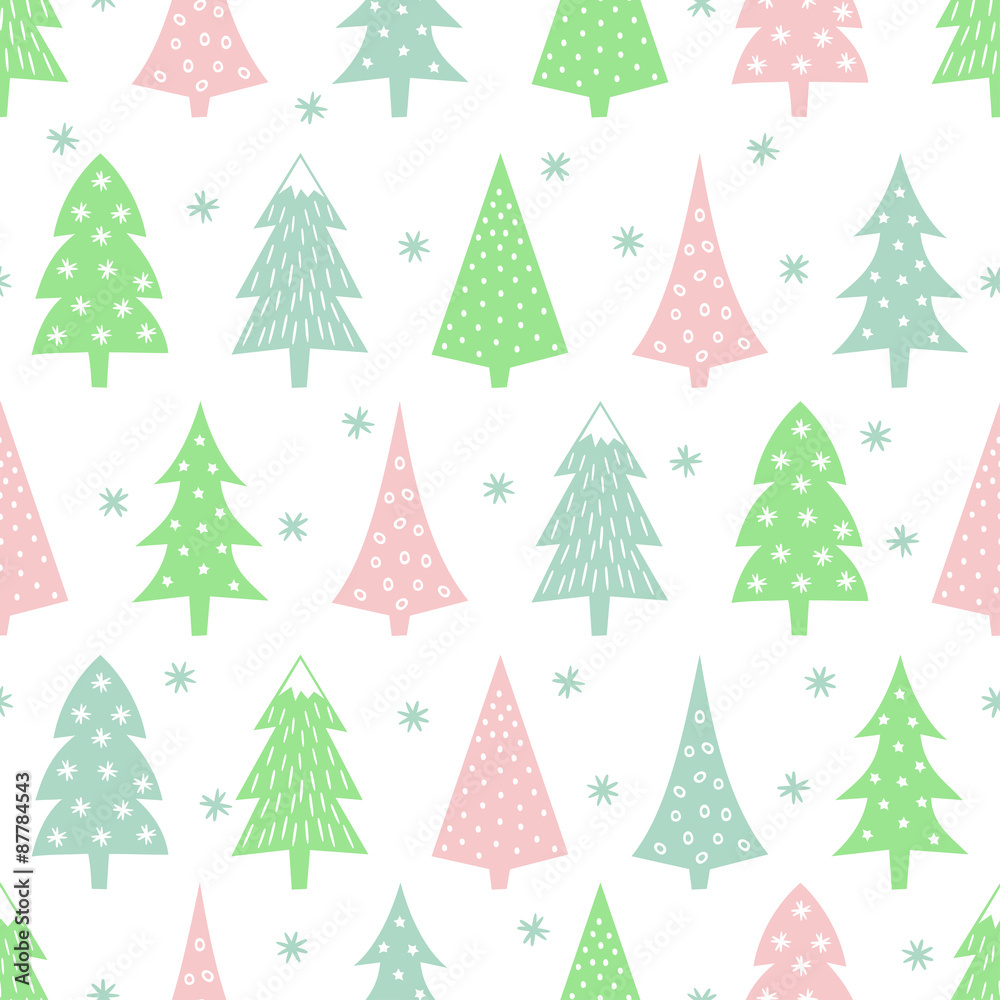 Simple seamless retro Christmas pattern - varied Xmas trees, stars and snowflakes. Happy New Year background. Vector design for winter holidays on white background.