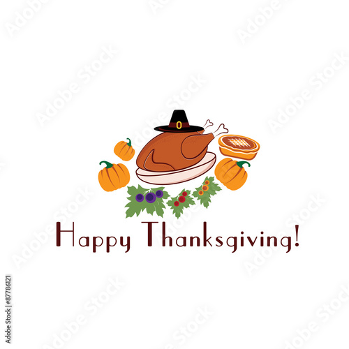 happy thanksgiving illustration with pie,turkey, pilgrim hat and