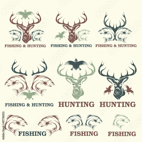 Set of vintage hunting and fishing labels and design elements