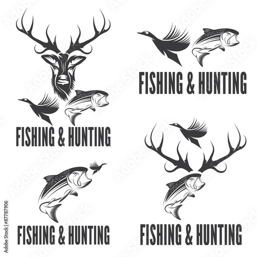 Set of vintage hunting and fishing labels and design elements