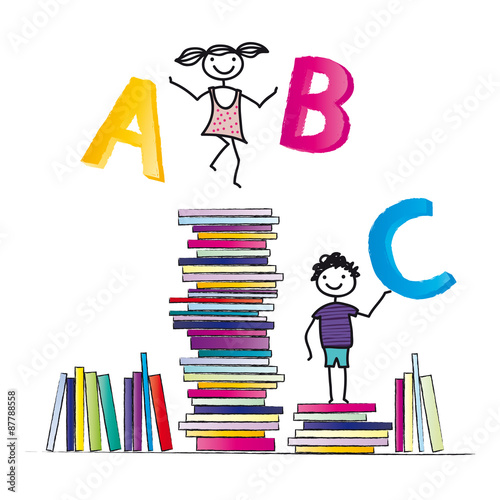 back to school - Fröhliche Schulkinder mit bunten Buchstaben und vielen Büchern - Schulbeginn - Lesen lernen macht Spass - Lesezeit für Leseratten, Schulbeginn und Einschulung