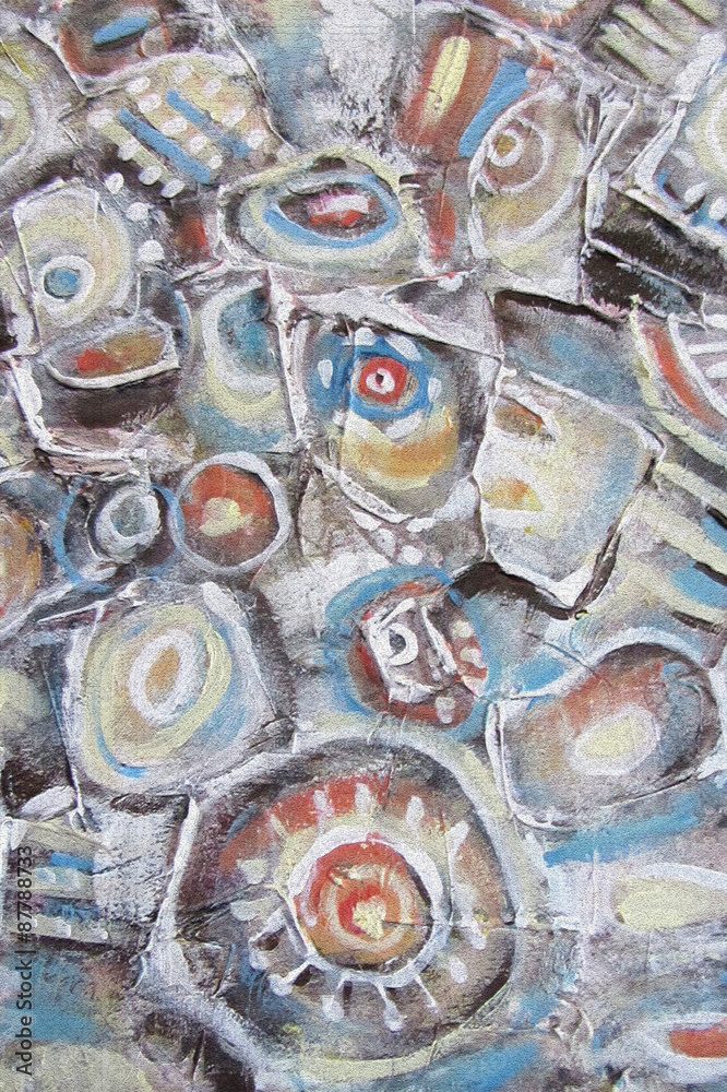 Fototapeta premium Abstract painting. Background with orange,brown and blue circles on the water. Mountain river, river stones, the movement of water,vertical picture. Image for the interior, as part of wall decorations