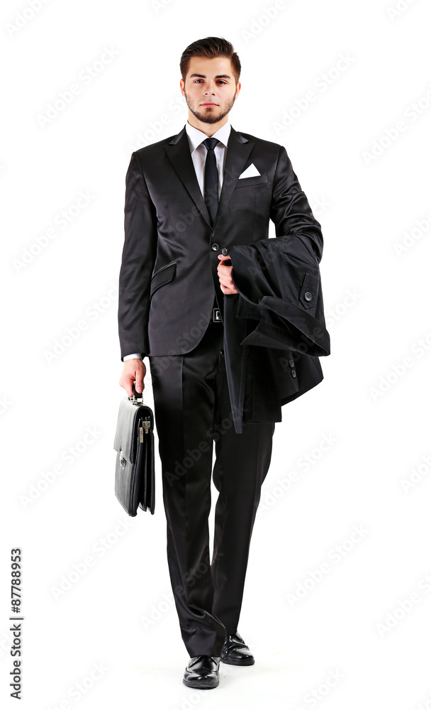 Elegant man in suit with briefcase isolated on white Elegant man in suit with briefcase isolated on white