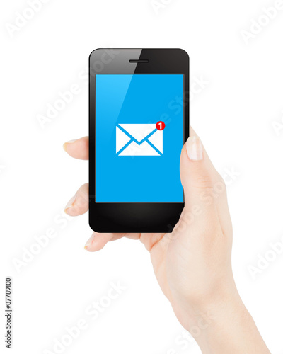 Woman hand holding smartphone with mail notification
