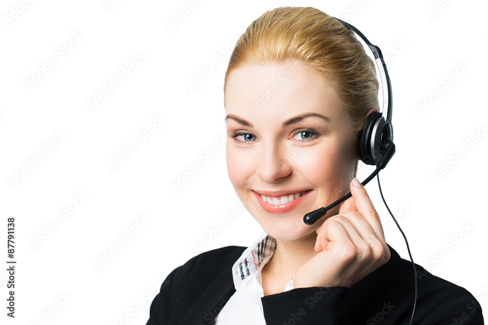 junge lächelnde Geschäftsfrau mit Headset junge lächelnde Geschäftsfrau mit Headset