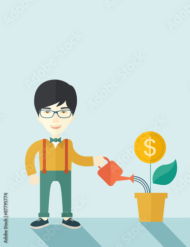 Chines Business person watering a growing plant.