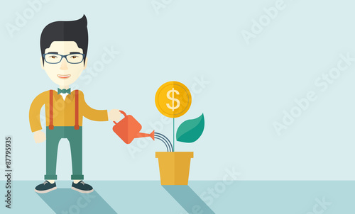 Chines Business person watering a growing plant.